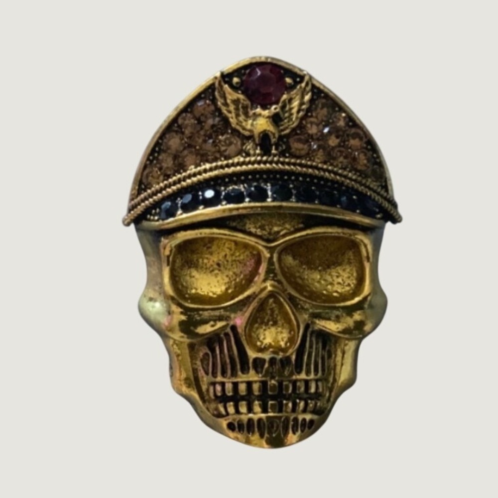 Gold Tone Skull Brooch Military Cap Eagle Rhinestone Gothic Biker Pin Accessory